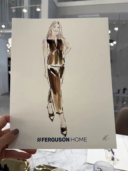 Fashion illustration by Elise Lee Live Event Drawing featuring a standing model and Ferguson Home lo
