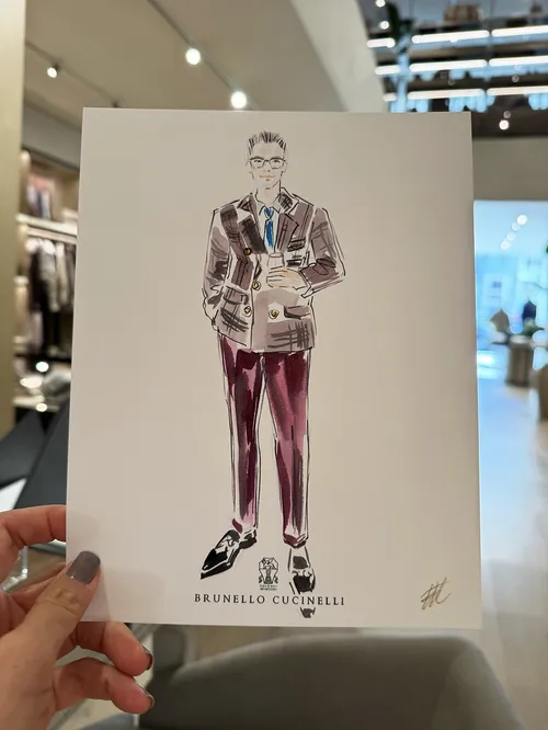 Elise Lee illustration of a fashion figure wearing Brunello Cucinelli clothing