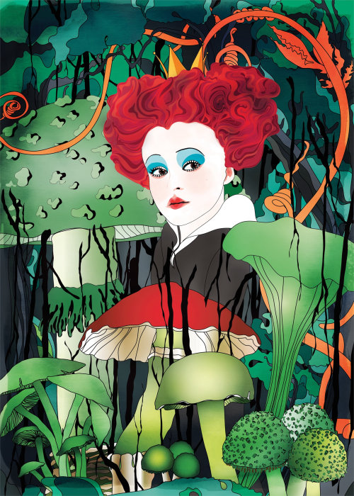 Portrait of Red Queen in a magical Alice in Wonderland forest