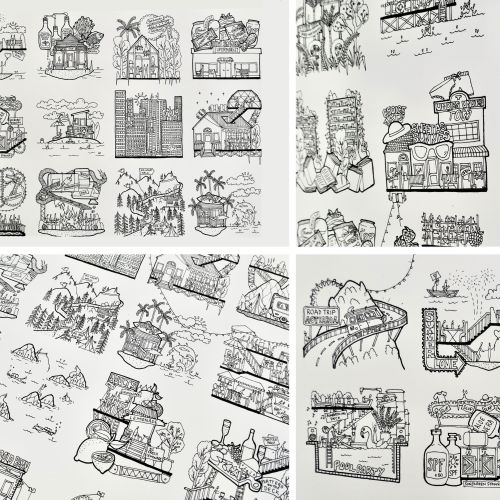 Intricate black and white ink sketches by Ellie Compton