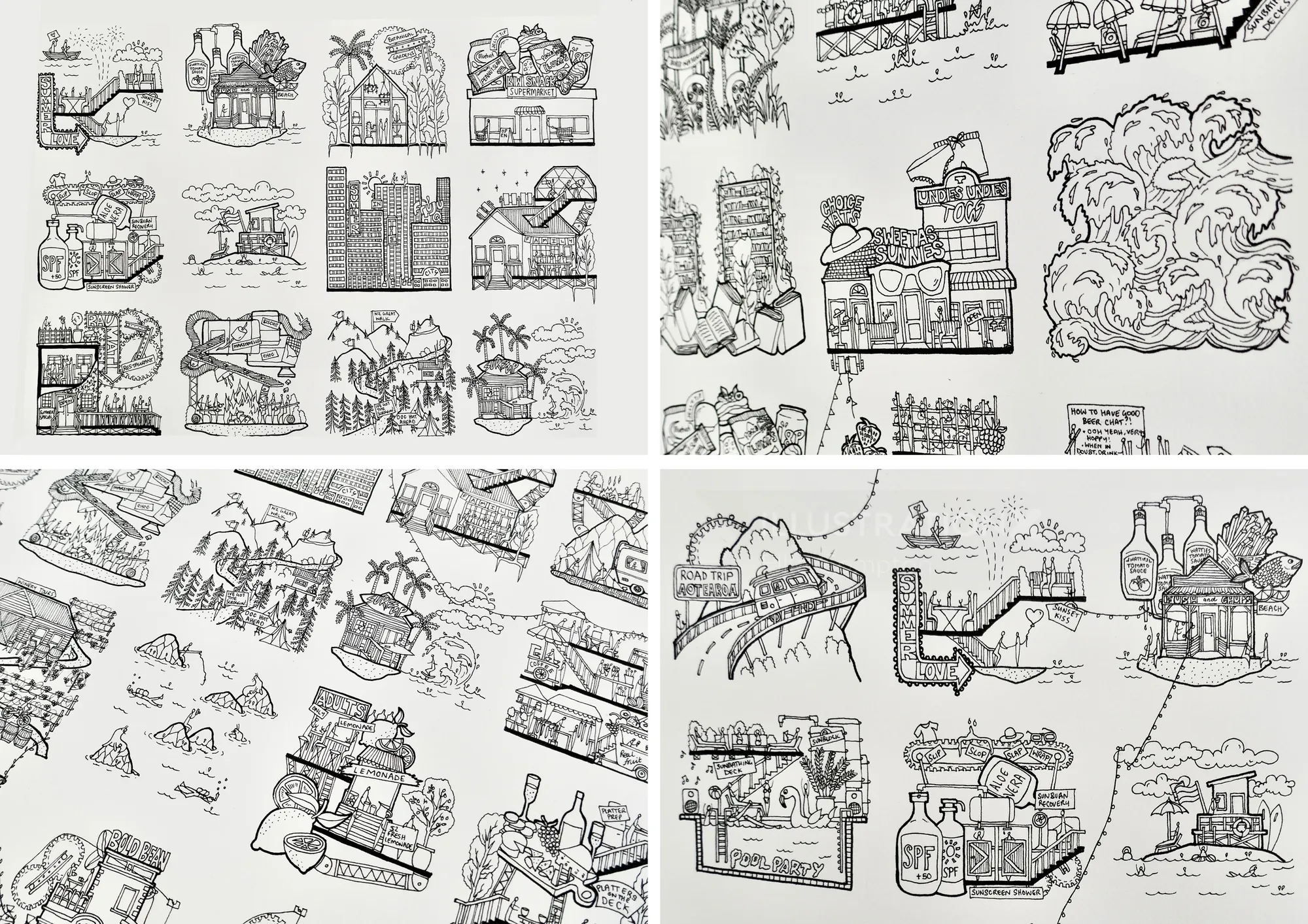 Croquis complexes à l'encre noir et blanc par Ellie Compton