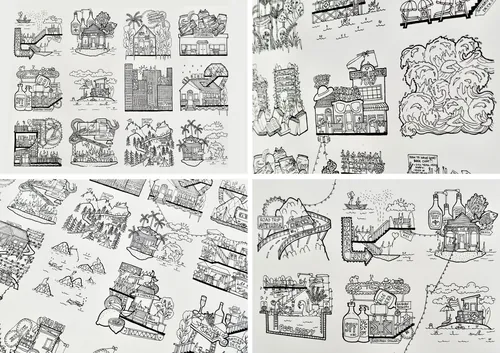 Intricate black and white ink sketches by Ellie Compton