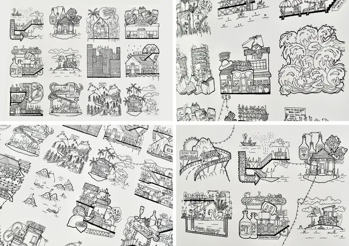 Intricate black and white ink sketches by Ellie Compton
