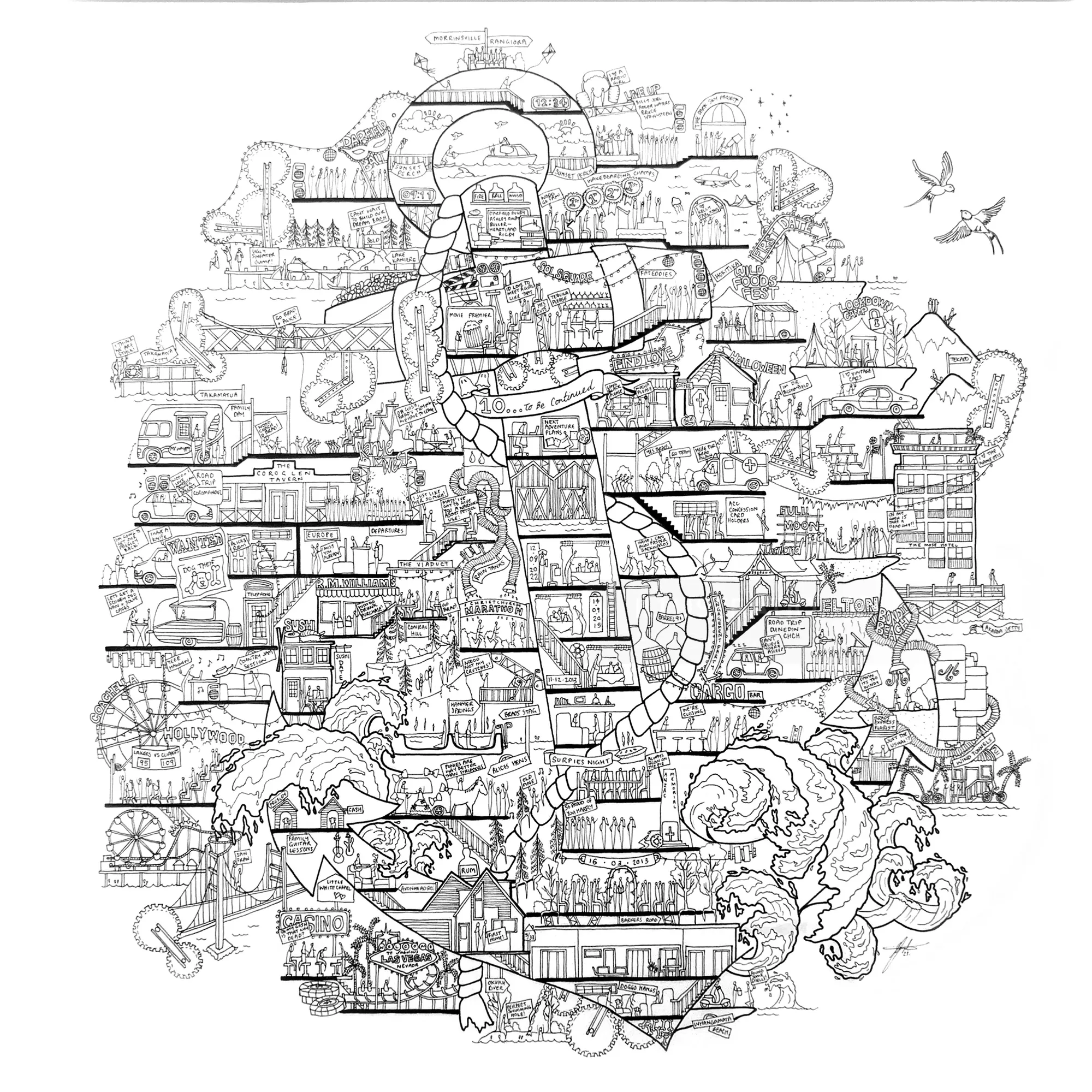 Ellie Compton 绘制的黑白复杂建筑地图插图
