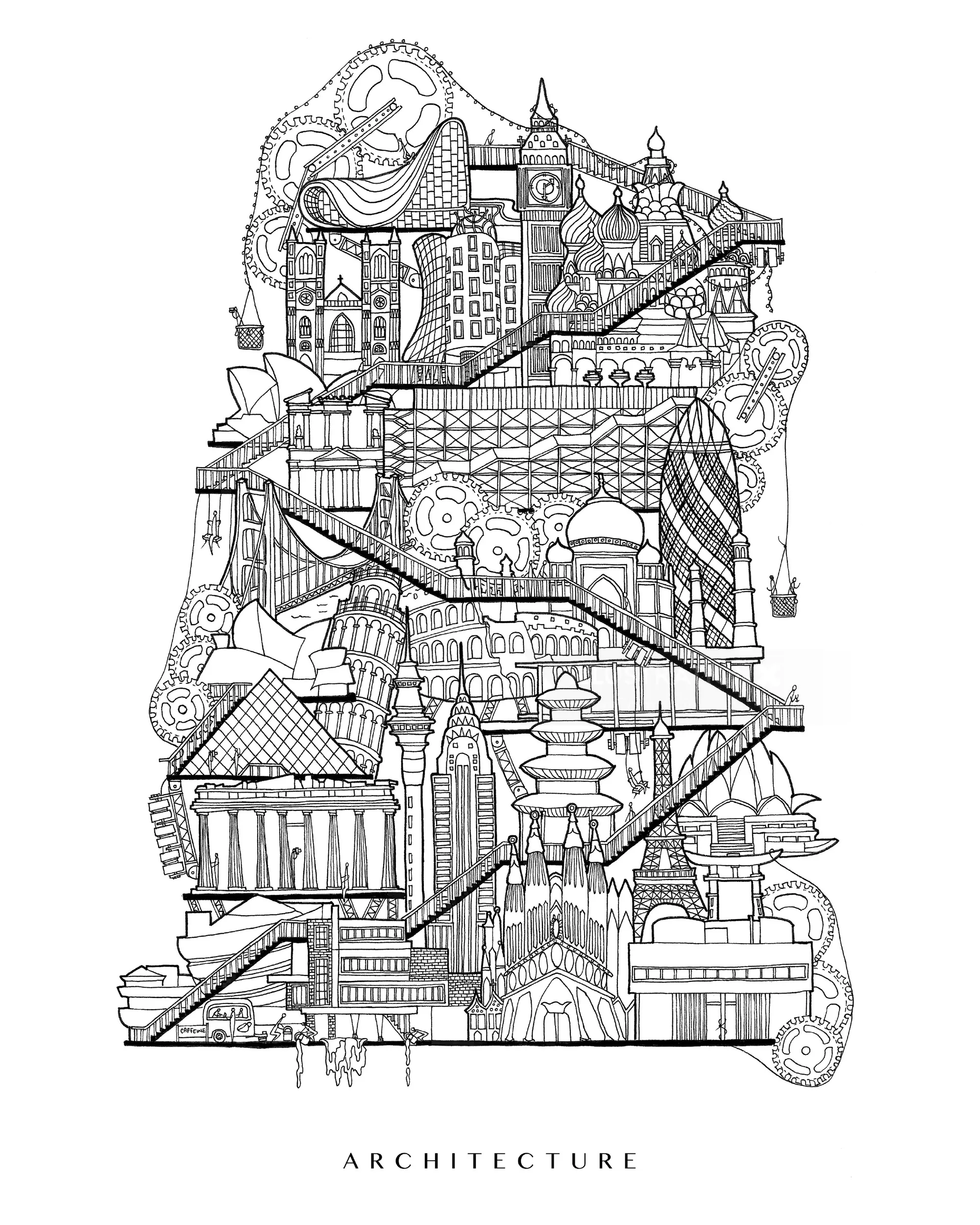 Intricate architectural line drawing featuring diverse buildings by Ellie Compton