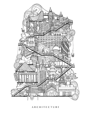 Intricate architectural line drawing featuring diverse buildings by Ellie Compton