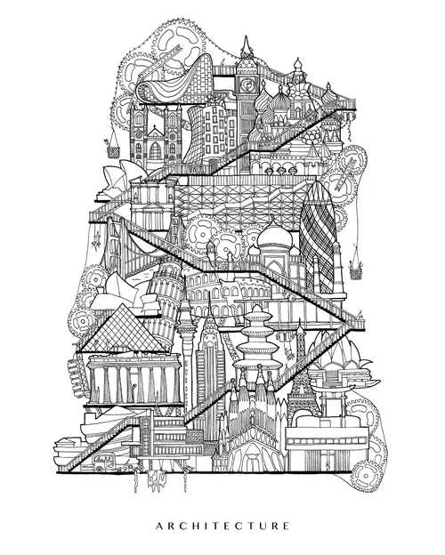 Intricate architectural line drawing featuring diverse buildings by Ellie Compton