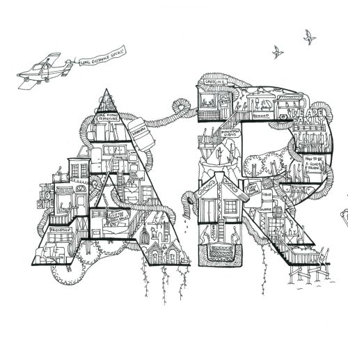Black and white architectural illustration spelling 'ARCHA' by Ellie Compton