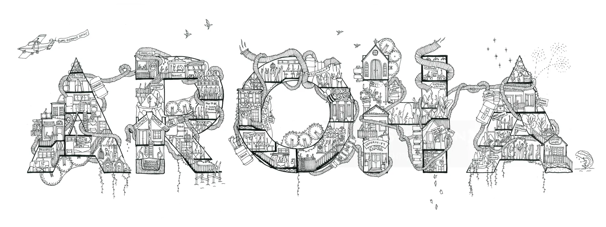 Black and white architectural illustration spelling 'ARCHA' by Ellie Compton