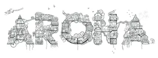 Black and white architectural illustration spelling 'ARCHA' by Ellie Compton