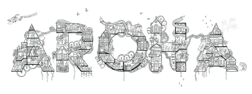 Black and white architectural illustration spelling 'ARCHA' by Ellie Compton