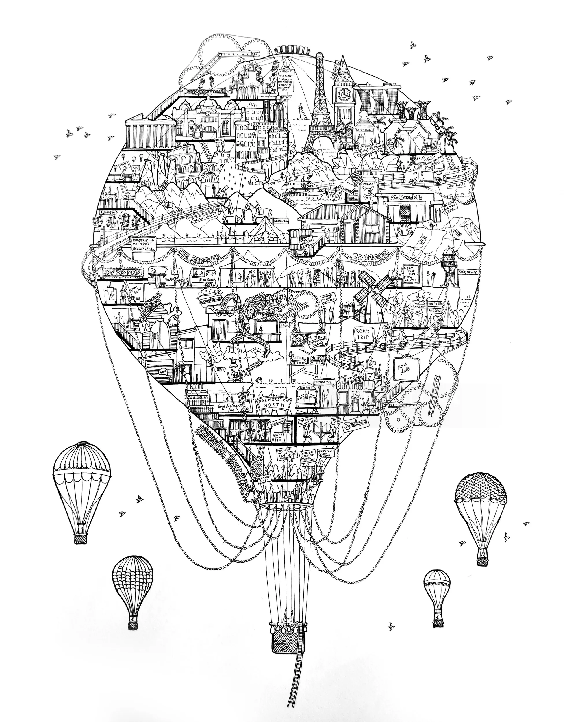 Intricate hot air balloon cityscape with smaller balloons by Ellie Compton