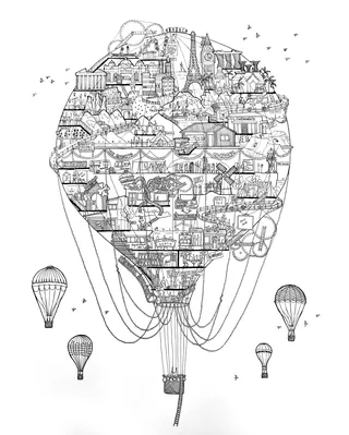 Intricate hot air balloon cityscape with smaller balloons by Ellie Compton