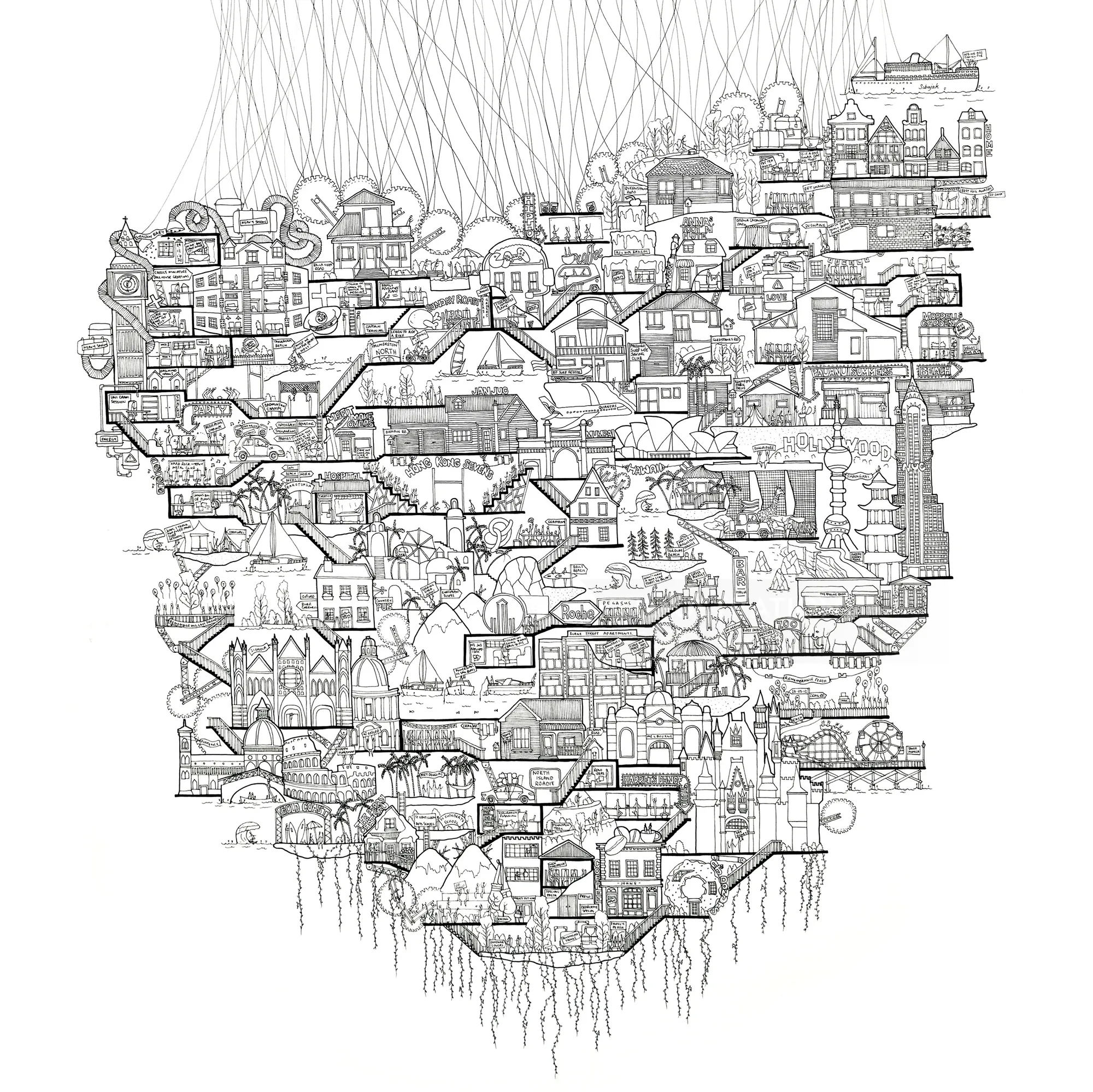 Ellie Compton 绘制的复杂地图，显示建筑物、桥梁和道路