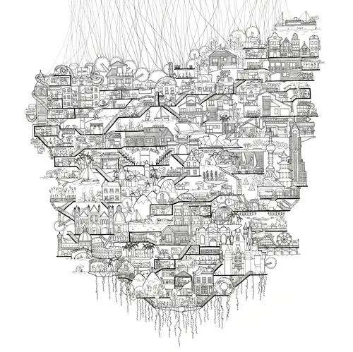 Intricate map showing buildings, bridges, and pathways by Ellie Compton