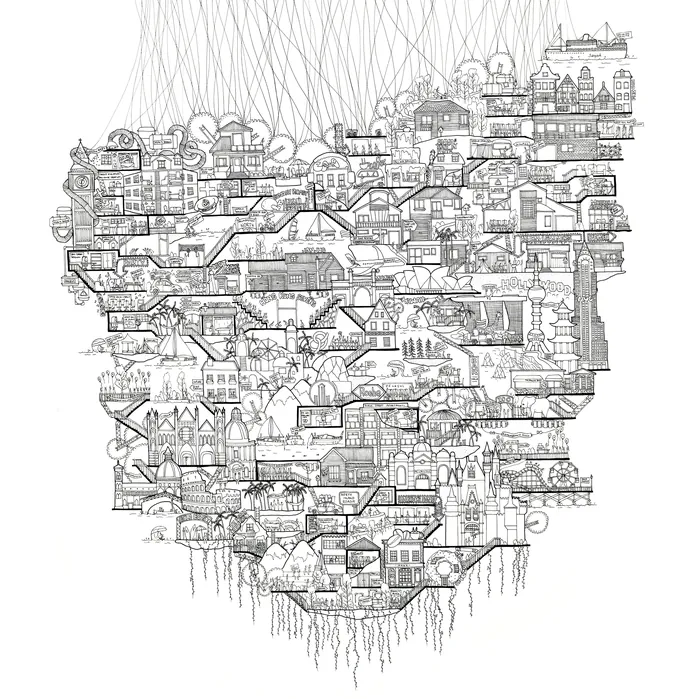 Intricate map showing buildings, bridges, and pathways by Ellie Compton