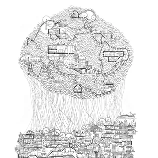 Intricate black-and-white ink drawing of towns connected by fine lines by Ellie Compton