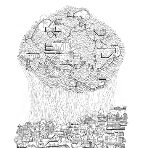 Intricate black-and-white ink drawing of towns connected by fine lines by Ellie Compton