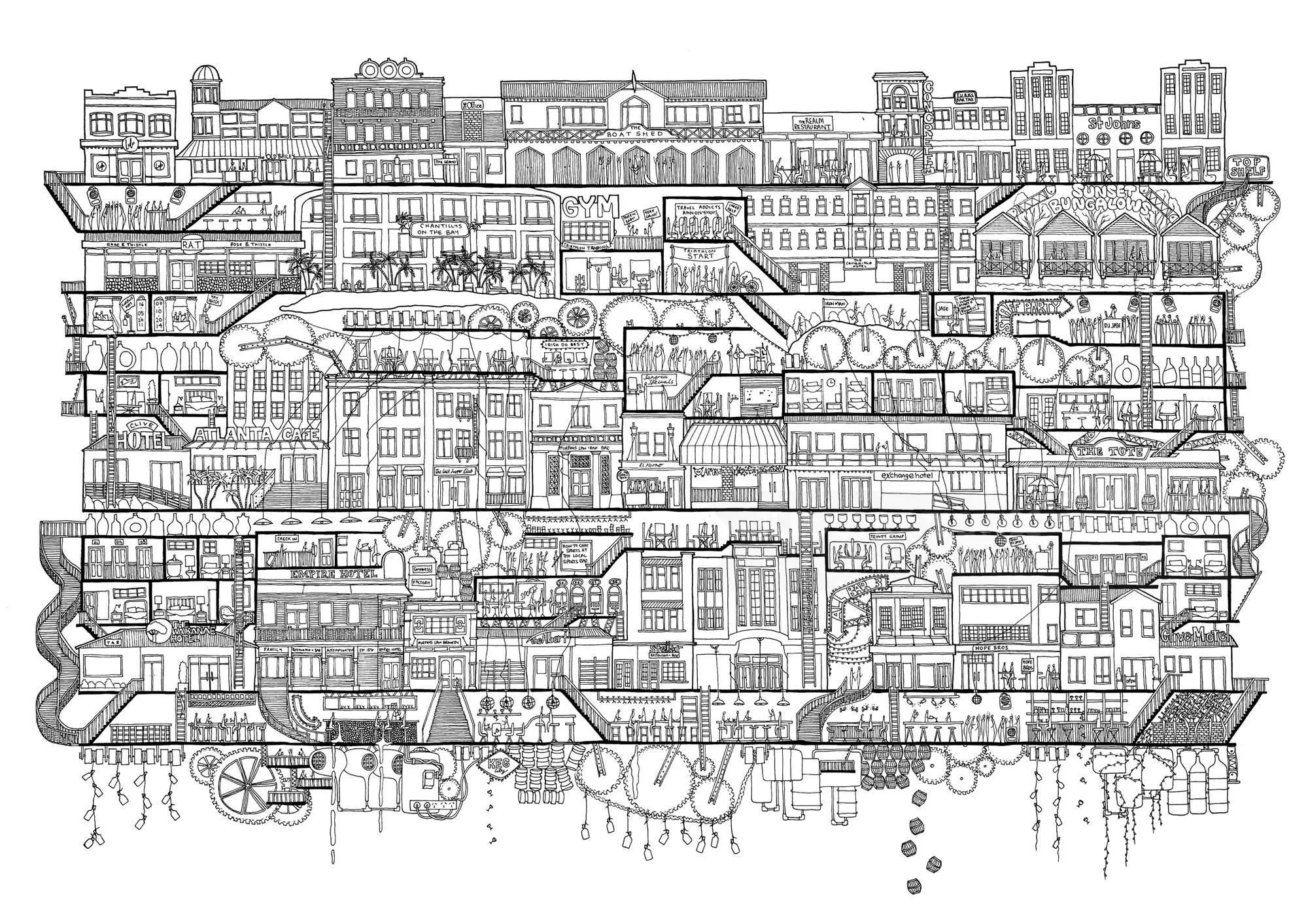 Detailed black and white building illustration by Ellie Compton