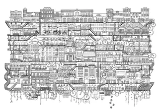 Detailed black and white building illustration by Ellie Compton