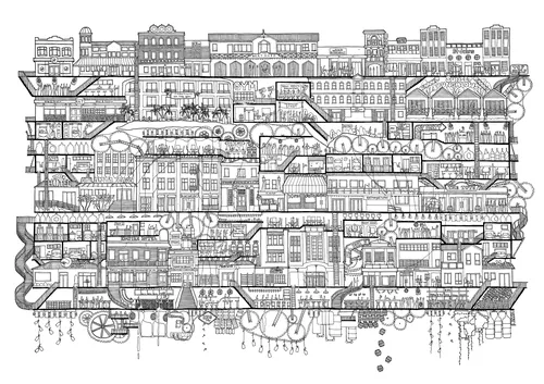 Detailed black and white building illustration by Ellie Compton