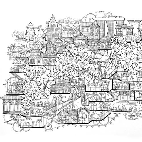Intricate cityscape with buildings and flowers drawn by Ellie Compton