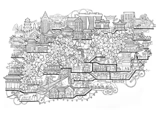 Intricate cityscape with buildings and flowers drawn by Ellie Compton