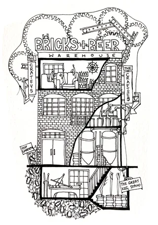 Black and white brewery warehouse illustration by Ellie Compton