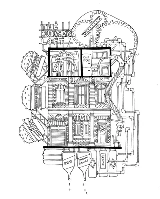 Intricate black and white loft architectural drawing by Ellie Compton