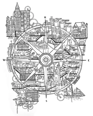 Black and white cityscape arranged in a compass design by Ellie Compton
