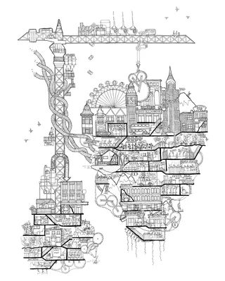 Detailed London skyline drawing with landmarks and transport by Ellie Compton