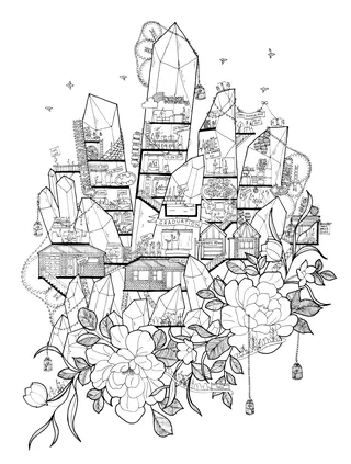 Intricate line drawing of a crystal city and flowers by Ellie Compton