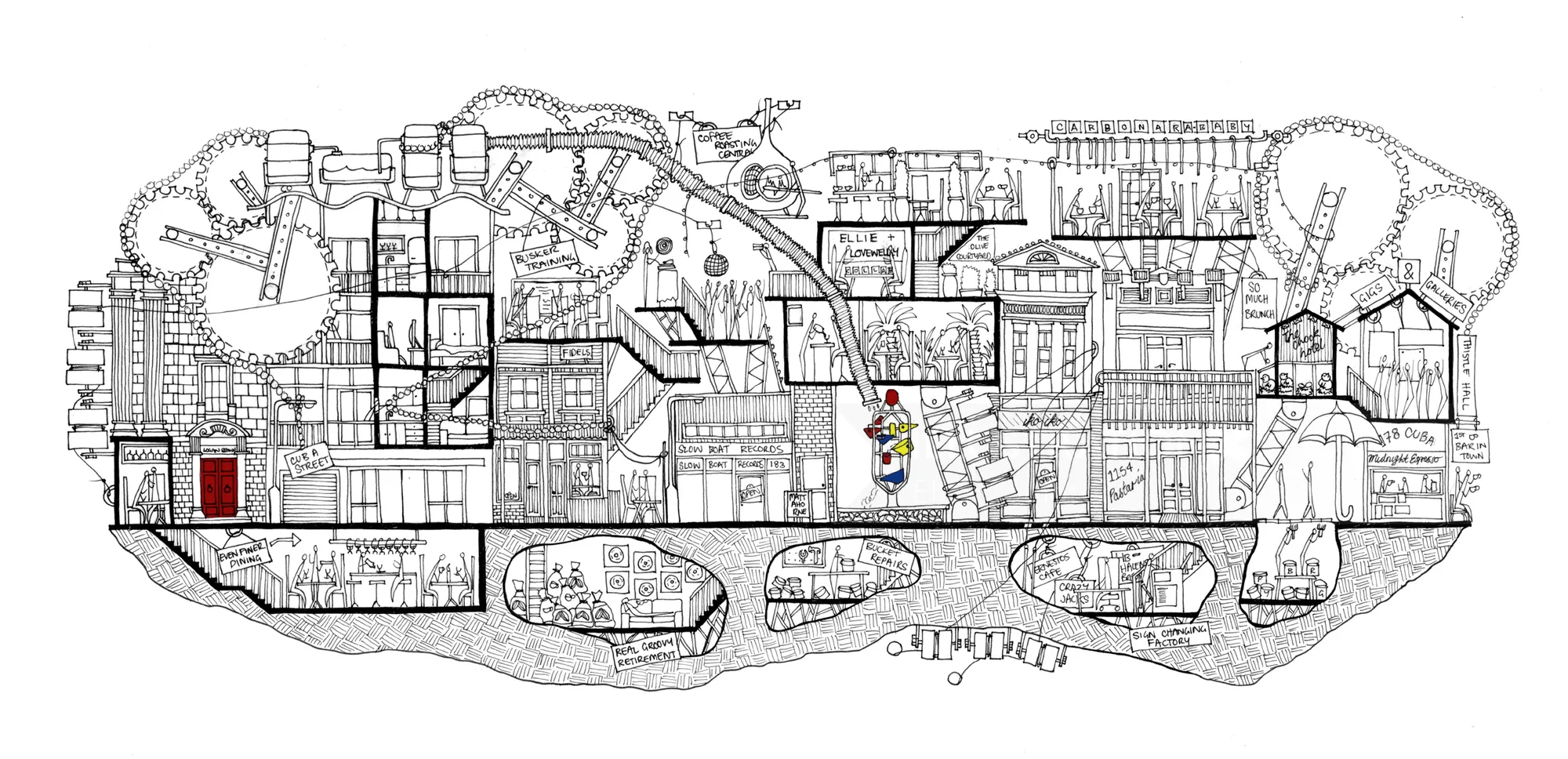 Ellie Compton 绘制的建筑横截面插图，包含详细的房间和结构