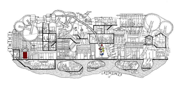 Architectural cross-section illustration with detailed rooms and structures by Ellie Compton