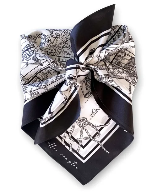Black and white patterned silk scarf by Ellie Compton