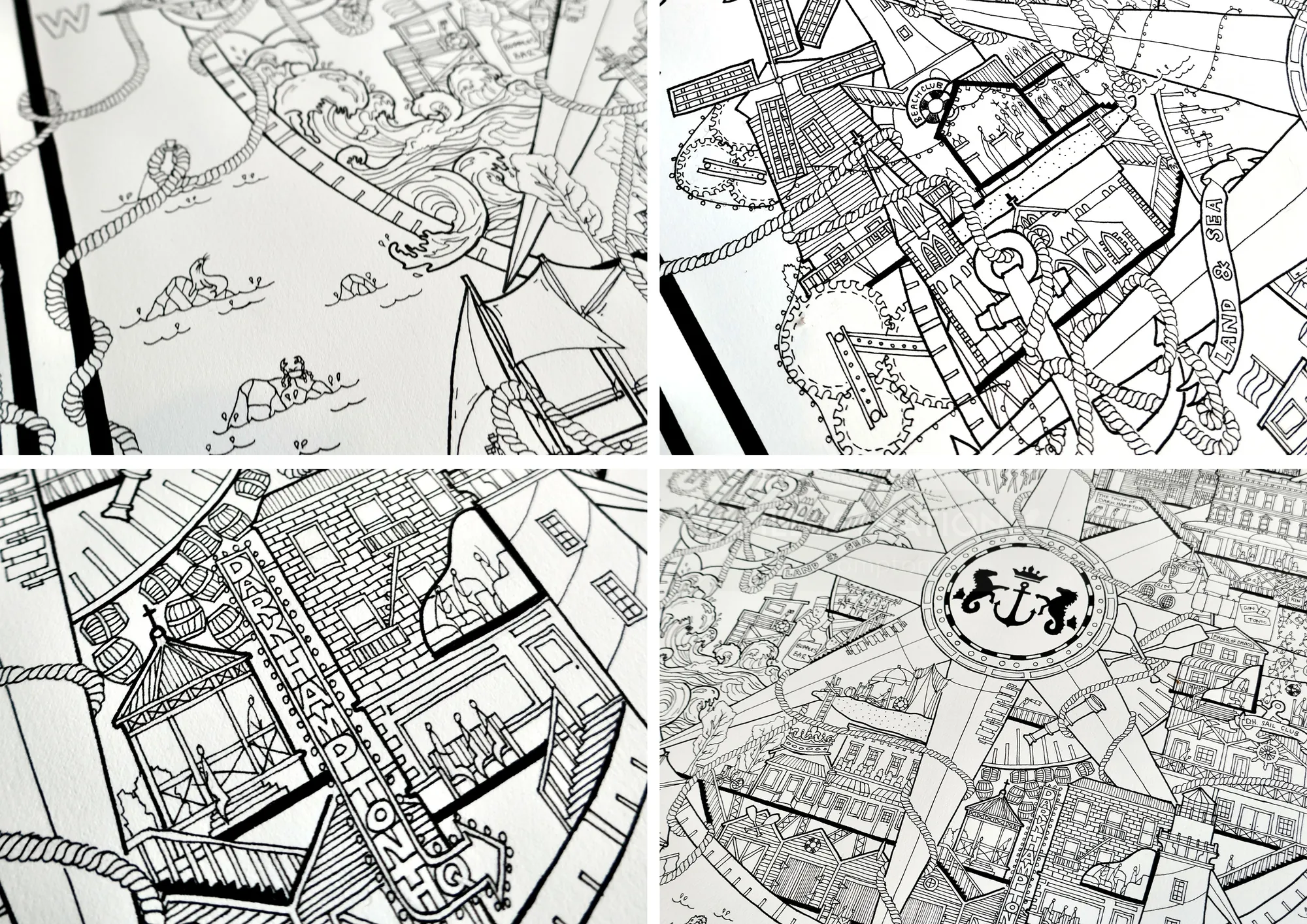 Intricate black and white city maps by Ellie Compton with detailed landmarks