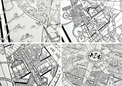 Intricate black and white city maps by Ellie Compton with detailed landmarks
