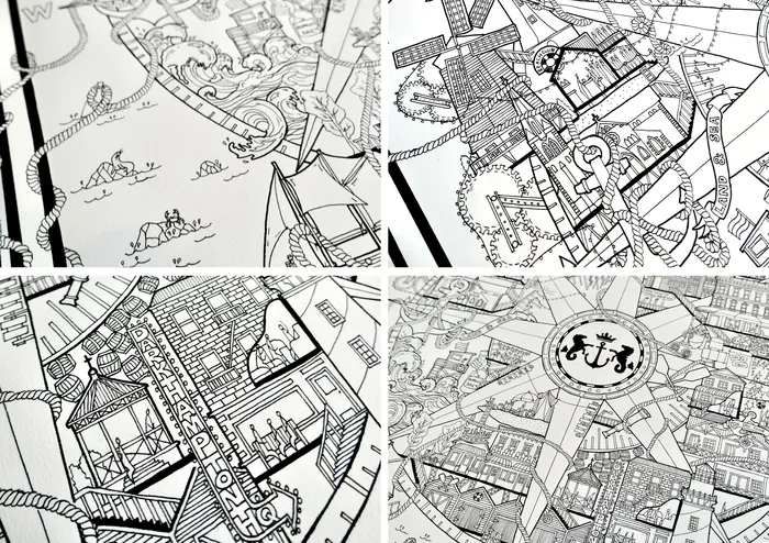 Intricate black and white city maps by Ellie Compton with detailed landmarks