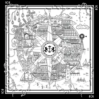 Intricate compass rose with cityscape detail by Ellie Compton