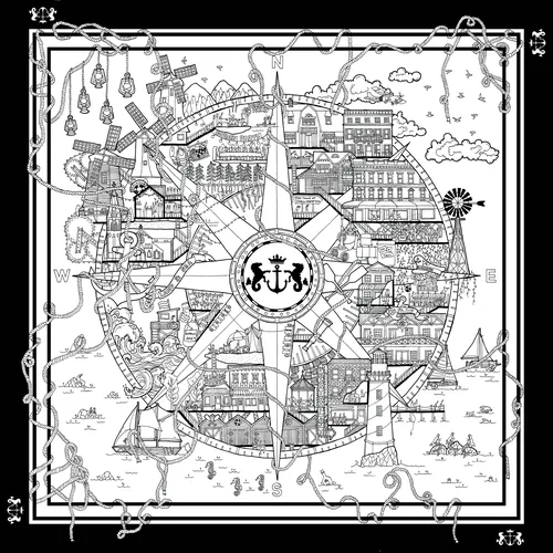 Intricate compass rose with cityscape detail by Ellie Compton