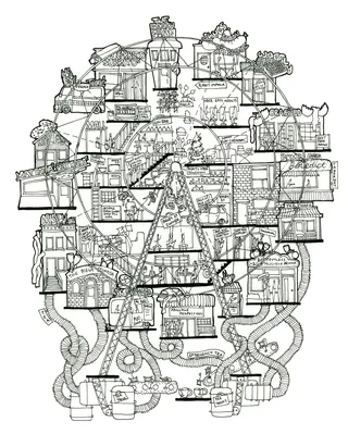 Intricate black and white architectural drawing by Ellie Compton showing complex interiors and machi