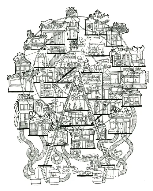 Intricate black and white architectural drawing by Ellie Compton showing complex interiors and machi