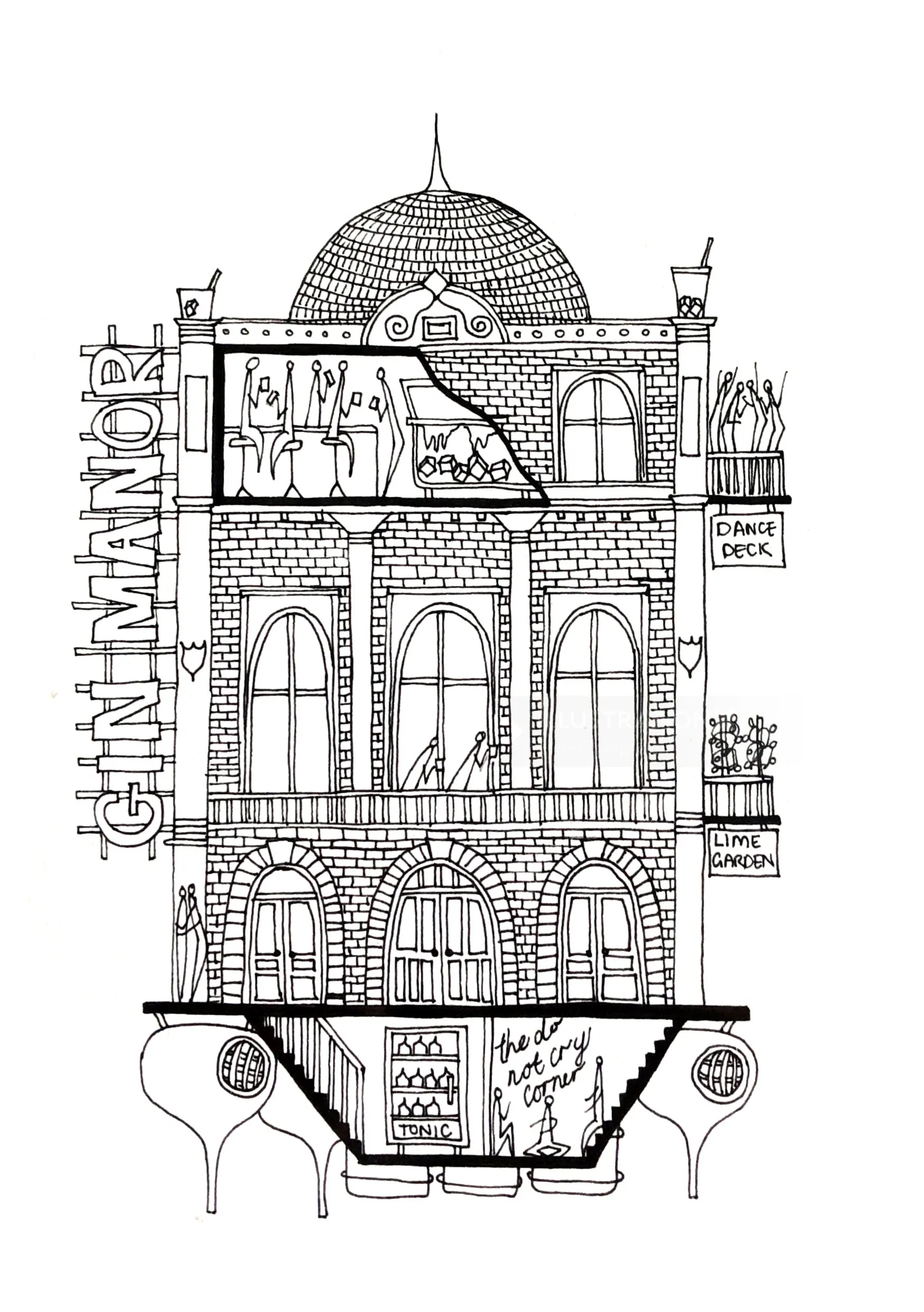Ink drawing of Gin Manor building with detailed cross-section and room labels by Ellie Compton