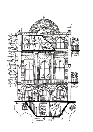 Ink drawing of Gin Manor building with detailed cross-section and room labels by Ellie Compton