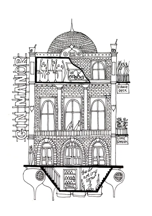 Ink drawing of Gin Manor building with detailed cross-section and room labels by Ellie Compton