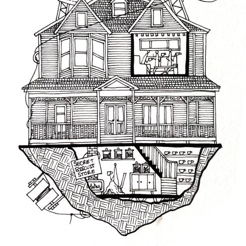 Black and white floating Victorian house with tea pot and cup by Ellie Compton