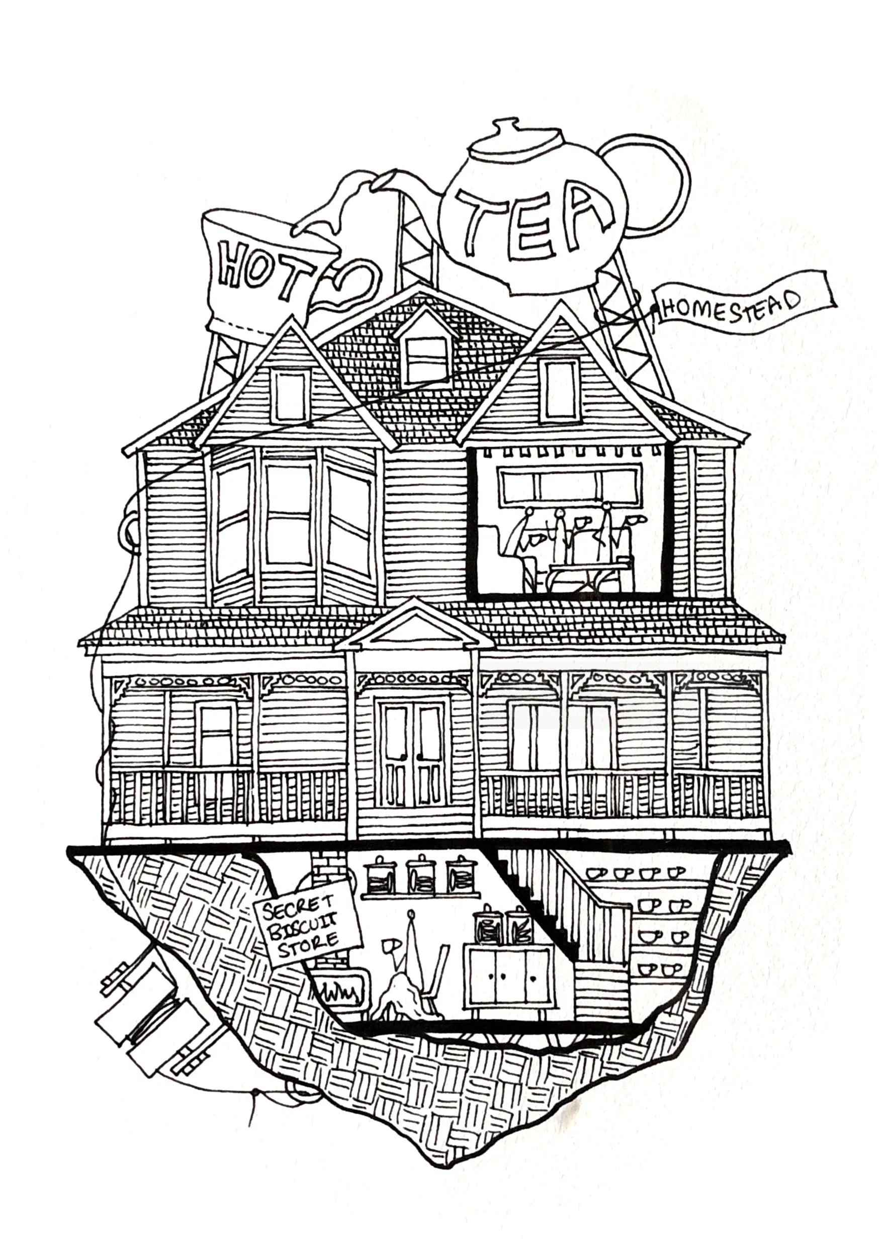 Black and white floating Victorian house with tea pot and cup by Ellie Compton