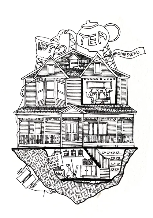 Black and white floating Victorian house with tea pot and cup by Ellie Compton