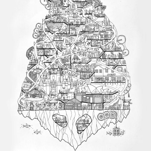Intricate black and white floating island sketch by Ellie Compton