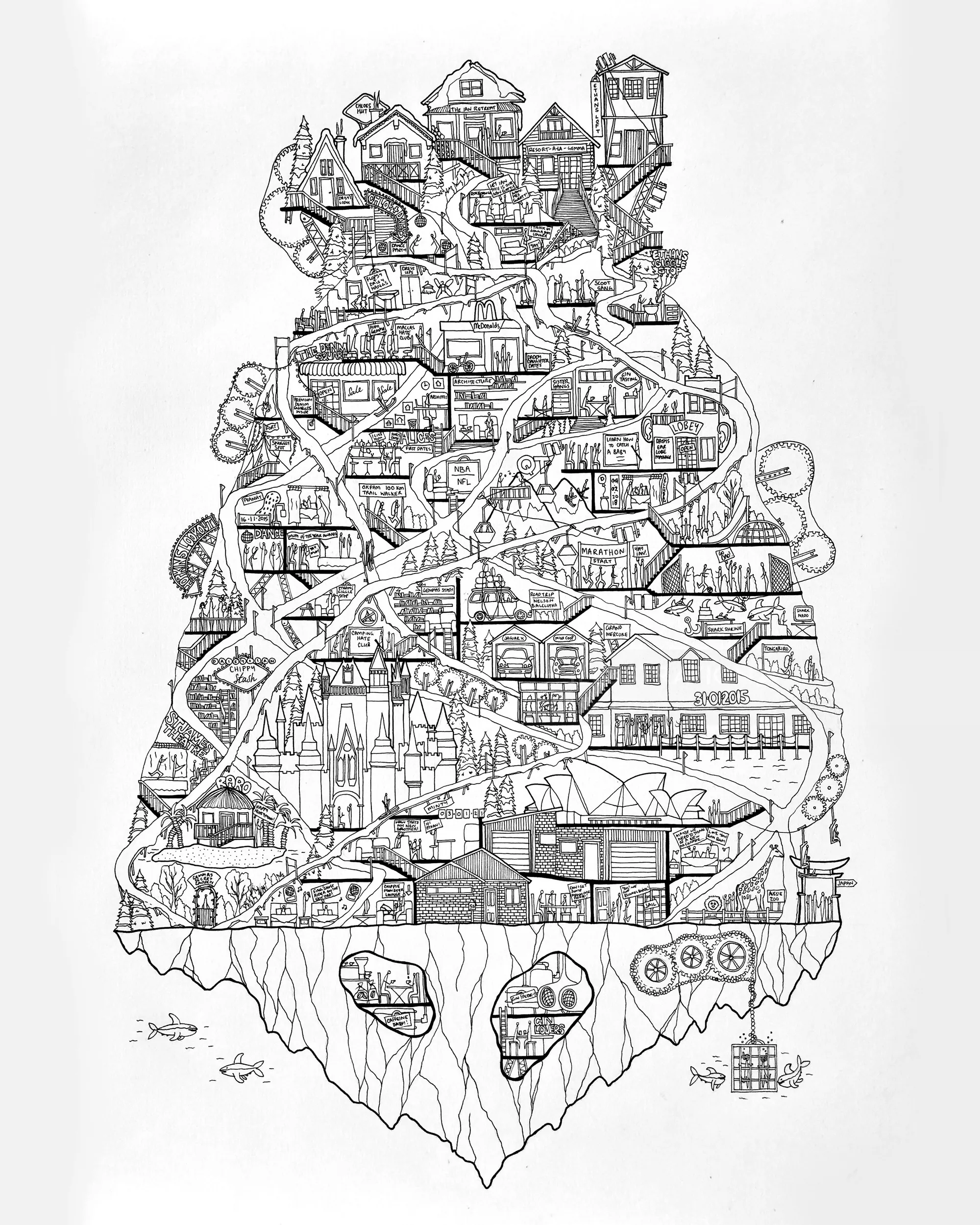 Intricate black and white floating island sketch by Ellie Compton